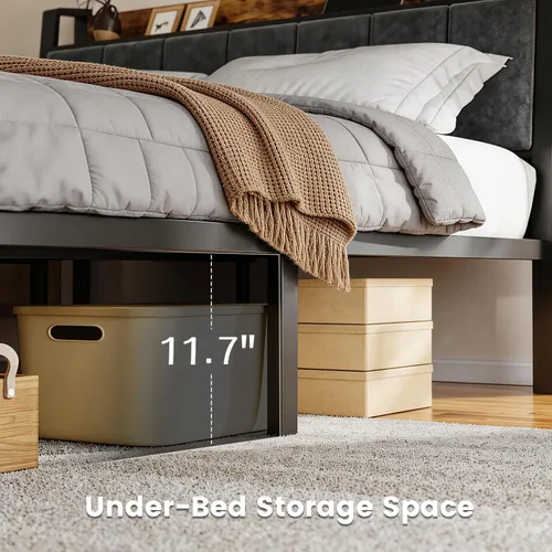 Miniatura 5 de Liians Base de cama LED de tamaño matrimonial con estación de carga y cabecera de almacenamiento, plataforma de metal, no necesita somier, fácil