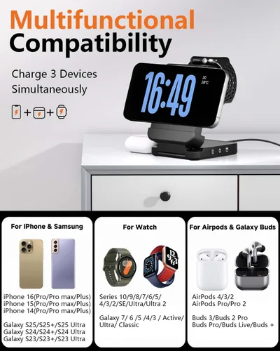 Miniatura 4 de Estación de carga inalámbrica plegable 3 en 1, soporte de cargador magnético Qi2 de 15 W para iPhone, Samsung, Apple Watch, Galaxy Watch, AirPods
