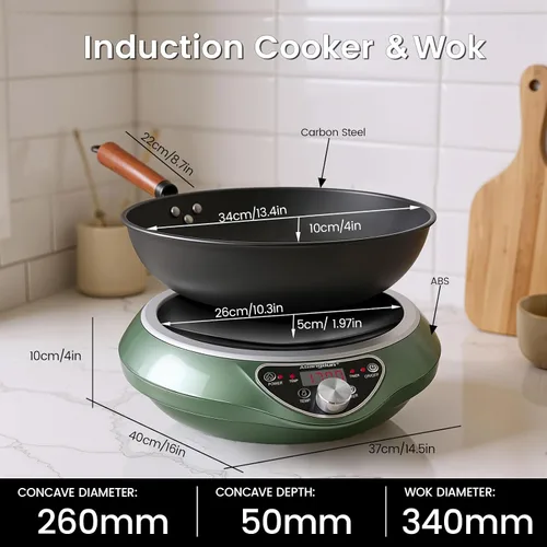 Miniatura 9 de Placa de Inducción para Wok de 1700W con Wok de Acero al Carbono Nitrurado de 13.4", Fondo Redondo y Compatible con Sartén Plana, Juego de Wok