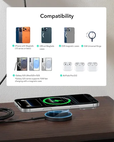 Miniatura 7 de ESR para cargador Magsafe, cargador inalámbrico de 15 W, cargador Magsafe para iPhone 17/16/15/14/13/12, AirPods 4/3/Pro/Pro 2, Galaxy S25