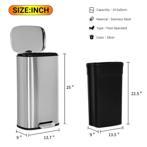 Miniatura 7 de BLKMTY Cubo de basura con tapa para cocina, oficina, baño, cubo de basura con pedal, cubo de basura de acero inoxidable con cubo interior extraíble