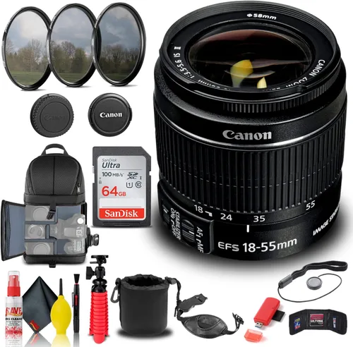 Canon Lente EF-S 0.709-2.165 in f/3.5-5.6 is II (2042B002) + kit de filtro + mochila + tarjeta de 64 GB + bolsa para lente + lector de tarjetas +