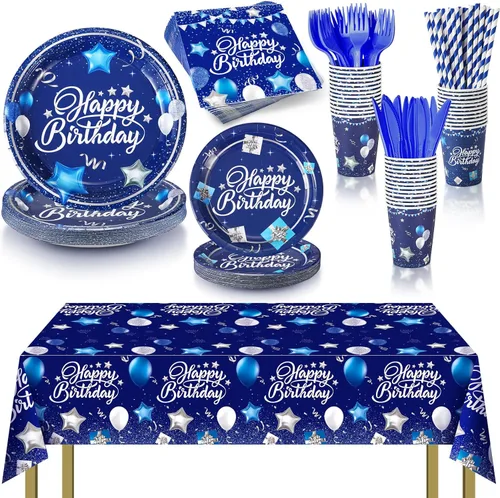 Norme Juego de vajilla para fiesta de cumpleaños de 176 piezas en azul marino y plata. Decoración de cumpleaños que incluye mantel, platos de papel,