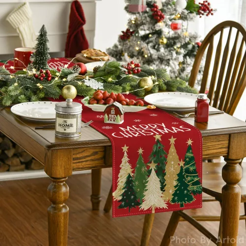 Miniatura 2 de Artoid Mode Camino de Mesa de Feliz Navidad con Árboles de Navidad y Copos de Nieve Rojos 210 GSM, Decoración de Mesa de Comedor de Cocina
