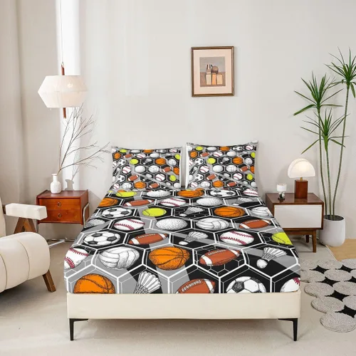 Miniatura 4 de Juego de ropa de cama para juegos de pelota, básquetbol, fútbol, sábana bajera hexagonal, geométrica, deportiva, sábana plana, béisbol, tenis