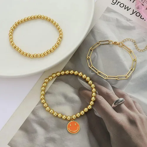 Miniatura 4 de MythDone Pulseras de cuentas de oro de 18 quilates para mujer, cadena de eslabones de clip de oro con cuentas apilables, pulseras elásticas