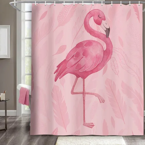 Miniatura 3 de Bonita cortina de ducha de flamenco, cortinas de ducha de baño rosa y gris, juego de cortinas de baño bohemias de arte moderno con ganchos, 60 x 72