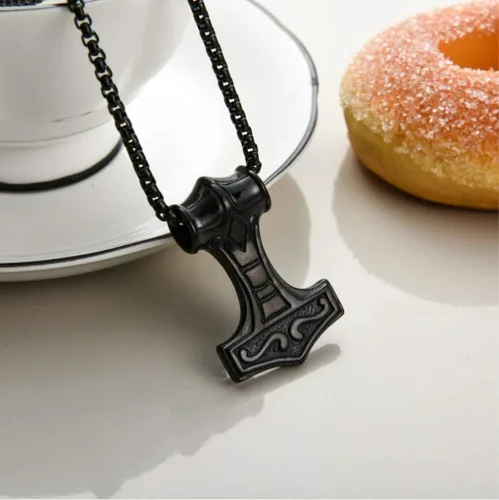 Miniatura 3 de Collar con colgante de martillo Thors Mjolnir de acero inoxidable con nudo celta negro con cadena de 220 in