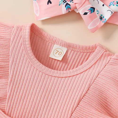 Miniatura 3 de Lindo mameluco para bebés y niñas con estampado de flores, encaje con volantes, lazo frontal, diadema