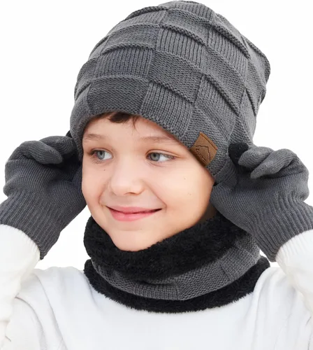 KMOLY Gorro de invierno para niños, bufanda y pantalla táctil, juego de guantes para niños y niñas de 4 a 15 años, gorro de calavera, gorro de punto