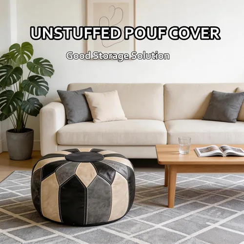 Miniatura 3 de Thgonwid Funda redonda sin relleno, otomana de almacenamiento de piel sintética, taburete marroquí bohemio, decoración multiusos para el hogar, sala