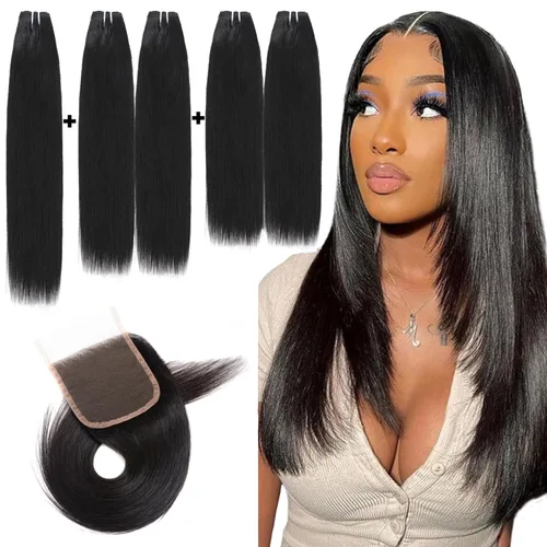 Miniatura 28 de Paquetes de cabello humano corto de 8 pulgadas 10A, pelo brasileño lacio virgen 100% cabello humano liso sin procesar, 4 paquetes 50g/Und