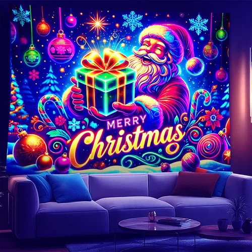 Miniatura 20 de NYZE - Tapiz de Navidad con Papá Noel, tapiz de luz negra que brilla en la oscuridad, colgante de pared, banner festivo, decoración para fiesta