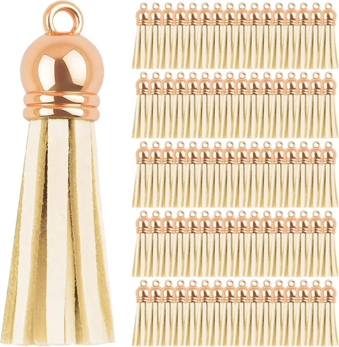 Miniatura 72 de Mandala Crafts 100 borlas de gamuza sintética color aguamarina con tapa dorada, suministros para hacer llaveros a granel, pequeñas borlas de cuero