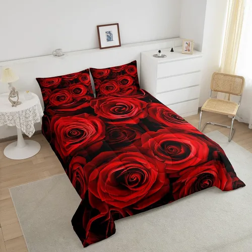 Miniatura 3 de Juego de edredón de rosas rojas, tamaño individual, juego de ropa de cama floral rojo degradado negro para niñas, mujeres, niños, adolescentes