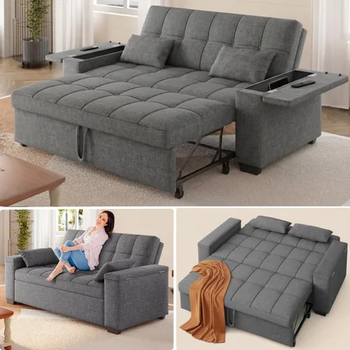 Gizoon Sofá cama biplaza, sofá cama convertible 3 en 1 para sala de estar de apartamentos pequeños, reposabrazos de almacenamiento y respaldo Gris