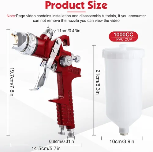 Pindex HVLP Kit de pistola de pulverización con taza de 1000cc, 4 boquillas y agujas de latón reemplazables 1.4mm 1.7mm 2.0mm 2.5mm puntas de