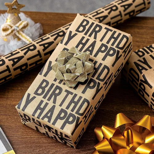 Miniatura 5 de MAYPLUSS Rollo de papel de regalo de feliz cumpleaños de los SS, envoltura de regalo de Kraft vintage Papel de regalo de 17 pulgadas x 33 pies