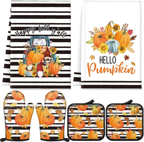 Bencailor Juego de 6 soportes para ollas y guantes de horno de Acción de Gracias, guantes de horno de calabaza, soportes para ollas de cosecha y