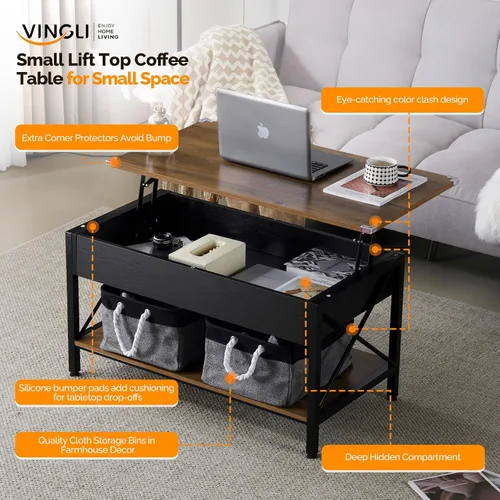 Miniatura 3 de VINGLI Mesa de centro elevable de 36" con contenedores de almacenamiento de tela gratis, mesas de centro negras rústicas de granja para sala