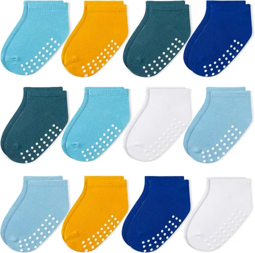 Miniatura 17 de JAKIDAR 12 pares de calcetines antideslizantes de algodón para niños y niñas, suela antideslizante para bebés y niños