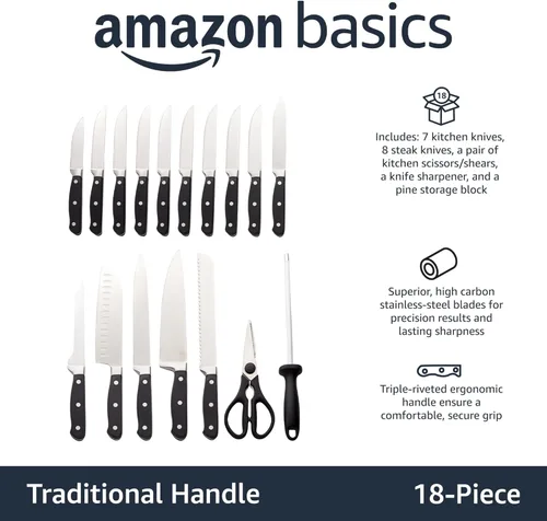 Miniatura 2 de Amazon Basics Juego de 18 piezas de cuchillos de acero inoxidable con alto contenido de carbono premium con bloque de cuchillos de madera de pino