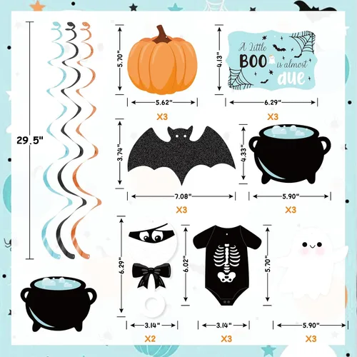 Miniatura 3 de K KUMEED Decoraciones de Halloween para baby shower, 20 piezas Blue A Little Boo is Almost Due Colgantes de remolinos para niños, decoración