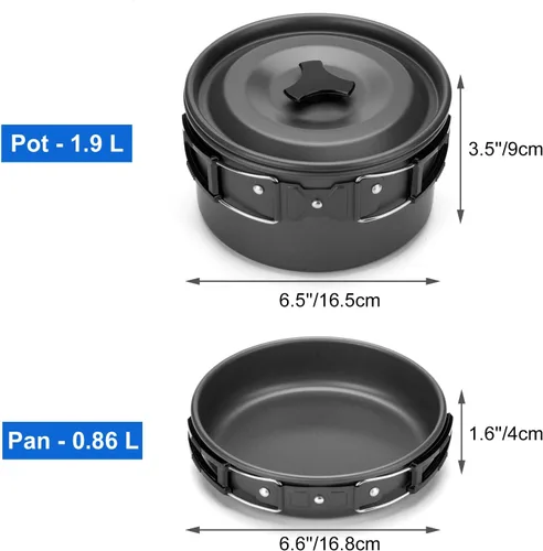 Miniatura 4 de Odoland Kit de utensilios de cocina para camping, olla ligera con 2 tazas, kit de cuchara de tenedor de acero inoxidable, gris para mochileros