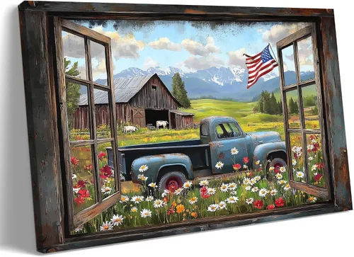 Miniatura 40 de Decoración rústica de granja en lienzo con ventana abierta, impresiones artísticas para pared, pintura de camión viejo, lienzo de granero y bandera