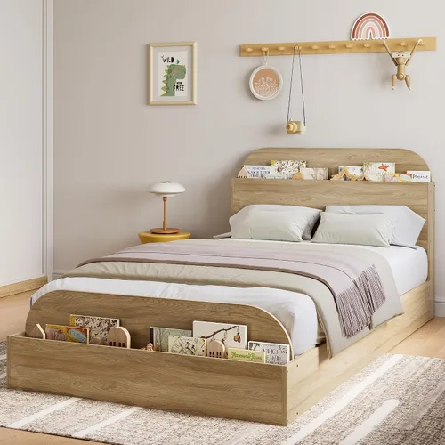 Miniatura 10 de Estructura de cama Garvee tamaño individual con cabecero y estribo – Cama de plataforma baja para niños, diseño de piso doble de madera, sin ruido