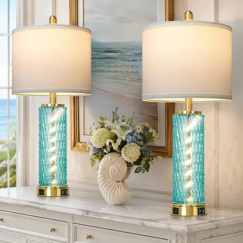 Miniatura 18 de Lámparas de mesa costeras de 28 pulgadas para sala de estar, lámparas de noche con luz nocturna, puertos USB A+C, moderna concha de mar