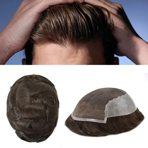 Miniatura 76 de Toupee - Sistemas de reemplazo de cabello para hombre, encaje frontal suizo, nudo blanqueado, pieza de cabello humano natural 1# negro azabache, 8 x