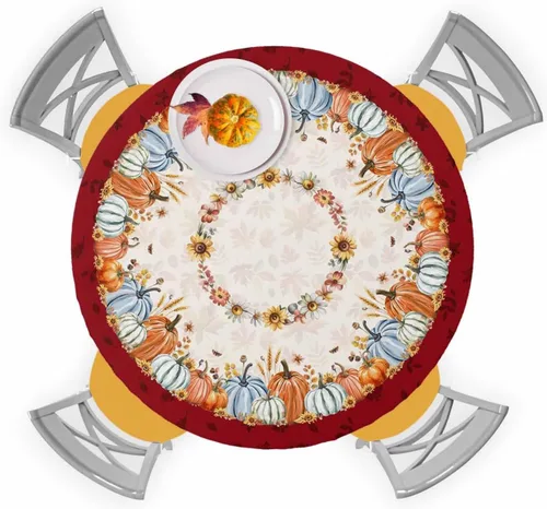 Miniatura 31 de Mantel ajustado redondo de Navidad con Poinsettia, mantel de lino retro de Navidad impermeable para mesa circular, mantel circular elástico de Rojo