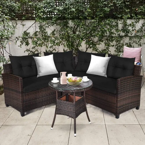 Miniatura 2 de Tangkula - Juego de muebles de patio de 4 piezas en forma de C de mimbre para exteriores, con cojines y mesa de centro con cubierta de cristal