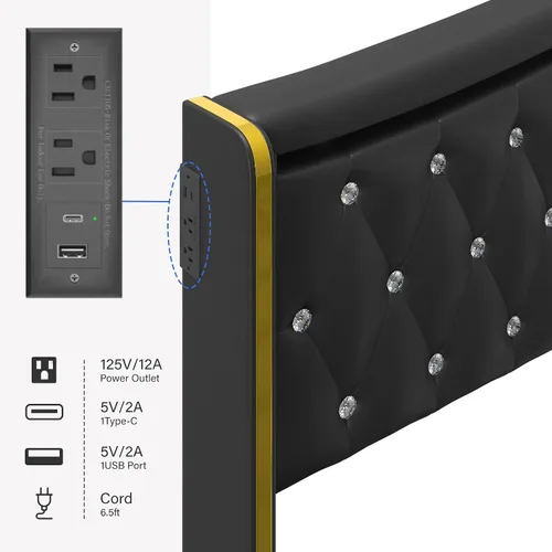 Miniatura 3 de E-Motie Base de cama tamaño completo con cabecera tipo wingback, plataforma tapizada con luces LED RGB, estación de carga, 4 cajones