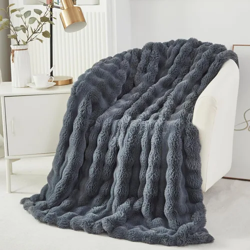 YOU SA Manta de piel sintética gris oscuro de 51 x 63 pulgadas, manta decorativa de piel de conejo cálida y esponjosa para sofá cama, manta peluda