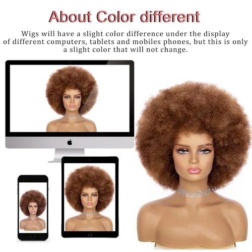 Miniatura 6 de Peluca Afro para Mujeres - Mezcla Marrón Pelucas Afro de los 70s de Aspecto Natural Enormes Pelucas Afro Kinky Rizadas con Flequillo Peluca Afro