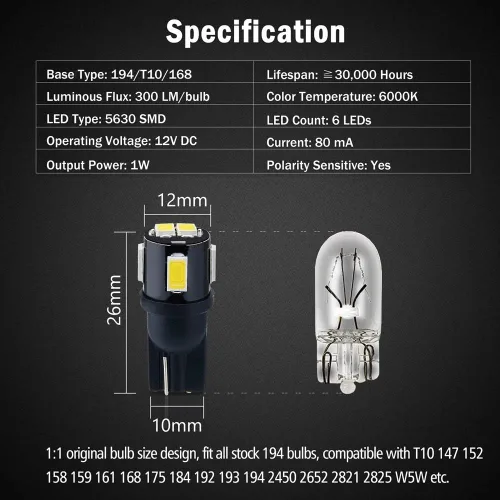 Miniatura 5 de 194 focos LED extremadamente brillantes 5630 Chipsets 168 2825 175 T10 W5W focos LED de repuesto para interior de coche, domo, mapa, puerta, Blanco
