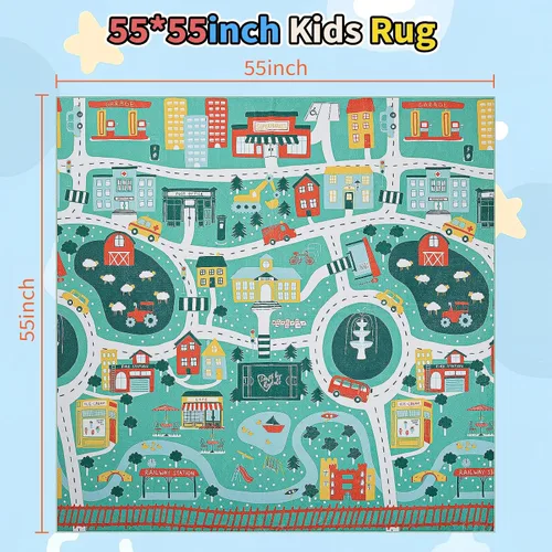Miniatura 2 de Alfombra de juego educativa UKISS, 55"x55" alfombra de tráfico para niños, alfombra antideslizante y lavable para niños, alfombra para niños