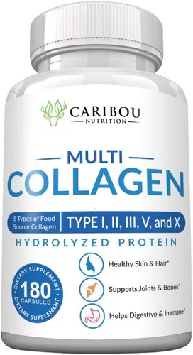 Multi Collagen Pills - 180 pastillas de colágeno - Cápsulas de colágeno tipo I, II, III, V y X - Mezcla única de cápsulas de péptidos de colágeno -