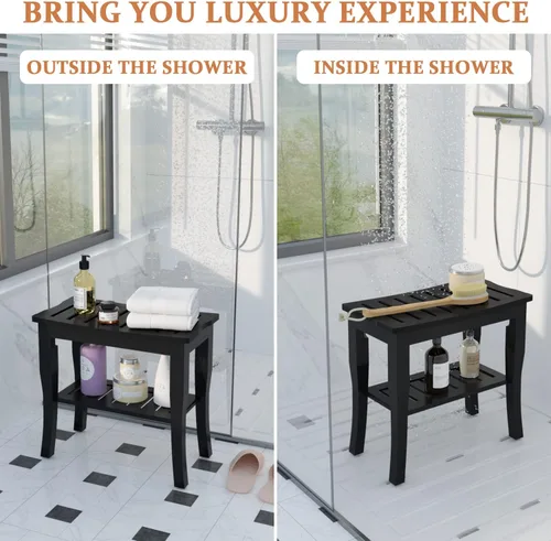 Miniatura 3 de Domax Bancos de ducha de bambú para ducha interior, asiento de banco de baño, taburete de ducha de madera impermeable con estante de almacenamiento
