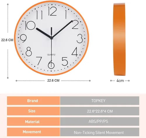 Miniatura 5 de Topkey Reloj de pared redondo silencioso de 9 pulgadas, números arábigos, fácil de leer, para sala de estar, dormitorio, escuela y guardería