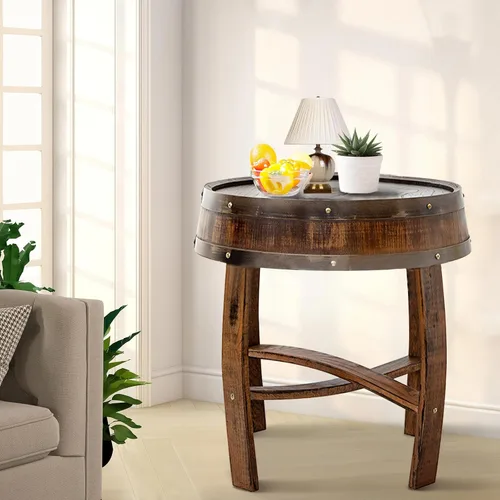 Miniatura 5 de Mesa de centro de granja, mesa auxiliar redonda rústica – Mesa auxiliar de madera maciza para sala de estar, mesa decorativa de barril de whisky