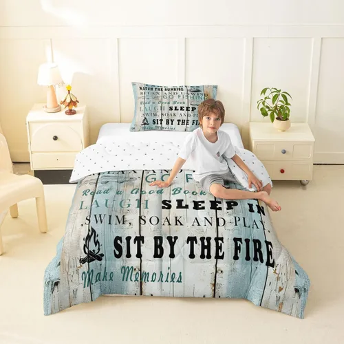 Miniatura 28 de Erosebridal Juego de edredón de barco muelle, juego de ropa de cama con diseño de paleta de lago, tamaño individual para niños, adolescentes