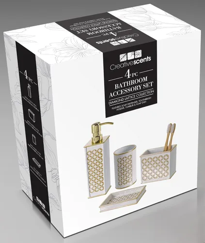 Miniatura 6 de Creative Scents Diamond Lattice White - Juego de accesorios de baño decorativos de 4 piezas que incluye: dispensador de jabón, soporte para cepillo