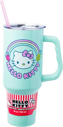 Miniatura 23 de Silver Buffalo - Vaso de acero inoxidable Sanrio Hello Kitty con flores de primavera y verano y rayas arcoíris, con asa y popote, compatible