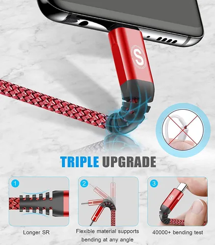 Miniatura 4 de sweguard Cable USB tipo C de 3.1A de carga rápida [2 unidades, 6.6 pies + 6.6 pies], cargador USB-A a USB-C, cable trenzado de nailon para Samsung