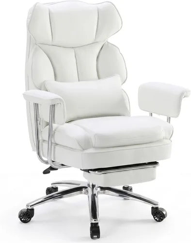 Silla de oficina ejecutiva Sweetcrispy para casa y oficina - Ergonómica, grande, alta, con respaldo alto con reposapiés y soporte lumbar, Blanco