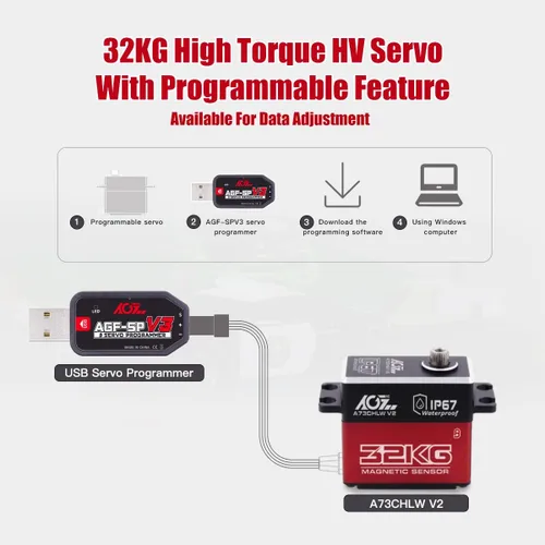 Miniatura 4 de AGFRC A73CHLW V2 70.5 lbs Servo de dirección RC sin núcleo de alto esfuerzo de torsión y programador servo AGF-SPV3