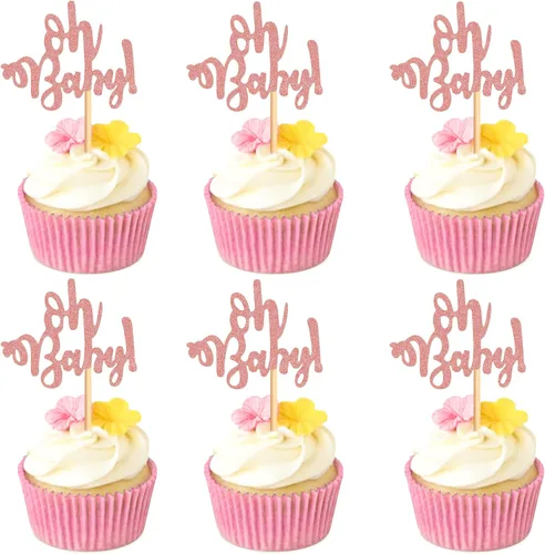 Miniatura 9 de Ercadio 24 piezas Oh Baby Cupcake Toppers Glitter Rose Gold Cake Topoper para niños o niñas, temática de baby shower, cupcakes, fiesta de cumpleaños